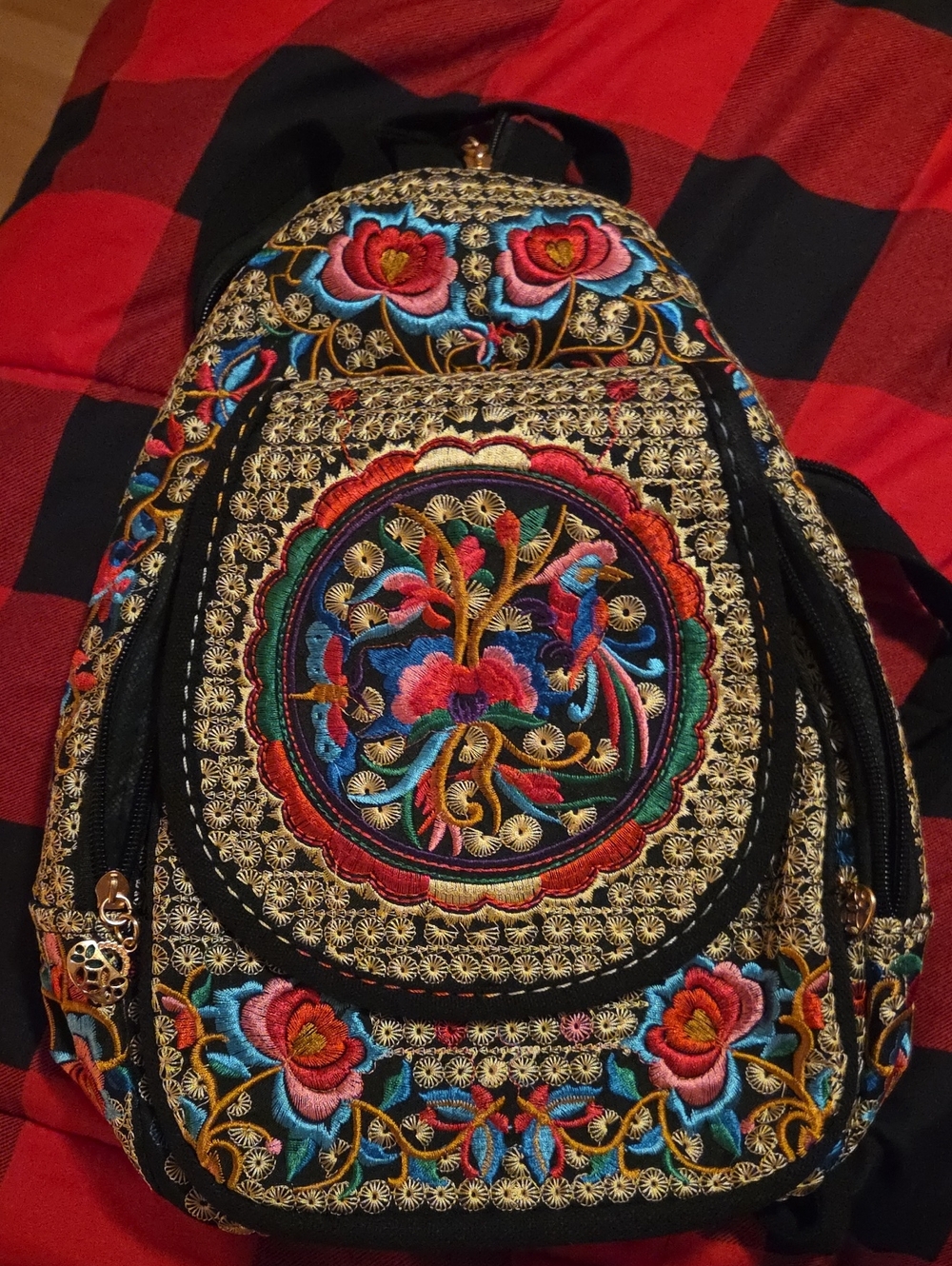 Embroidered Floral Black Boho Backpack